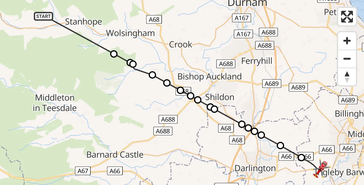 Flight route Air Ambulance Helicopter Stanhope - Egglescliffe, 19 July 2026, 11:18