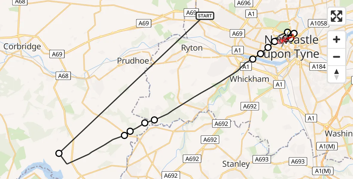Flight route Air Ambulance Helicopter Blucher - Newcastle Royal Victoria Infirmary, 19 July 2026, 11:20