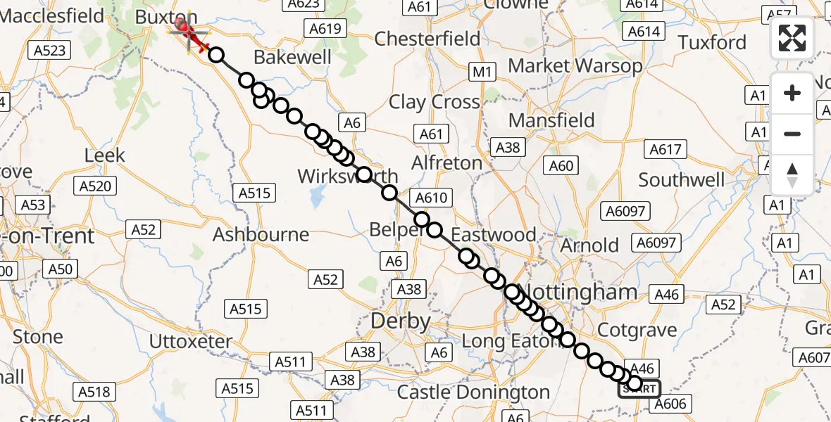 Flight route Air Ambulance Helicopter Rushcliffe - High Peak, 19 July 2026, 11:20