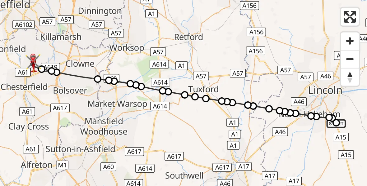 Flight route Air Ambulance Helicopter RAF Waddington - Chesterfield, 19 July 2026, 11:22