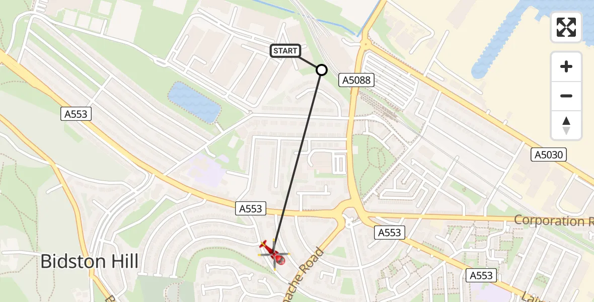 Flight route Air Ambulance Helicopter Bidston Hill - Birkenhead, 19 July 2026, 11:43