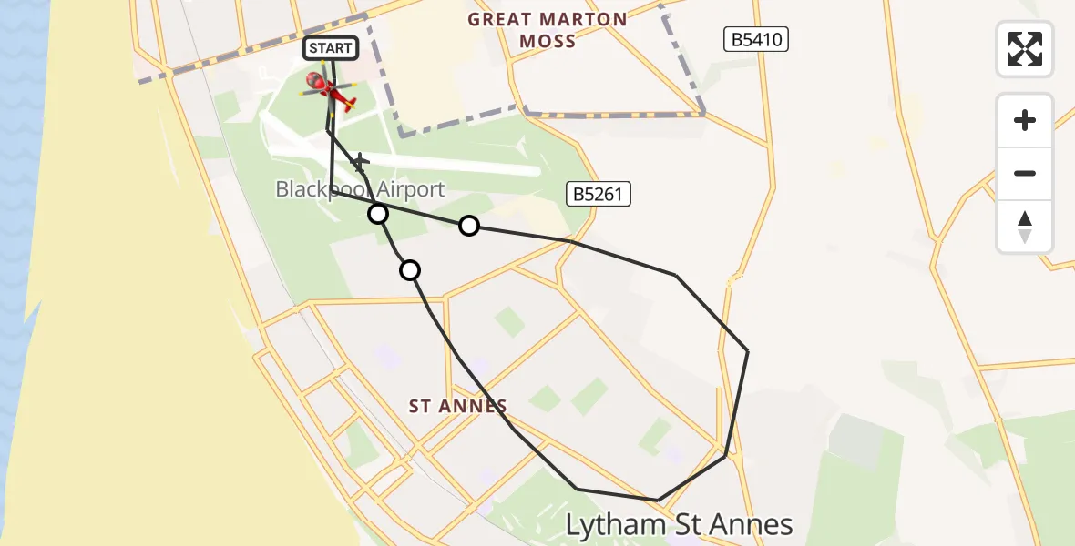 Flight route Air Ambulance Helicopter Blackpool Airport - Blackpool Airport, 19 July 2026, 11:50