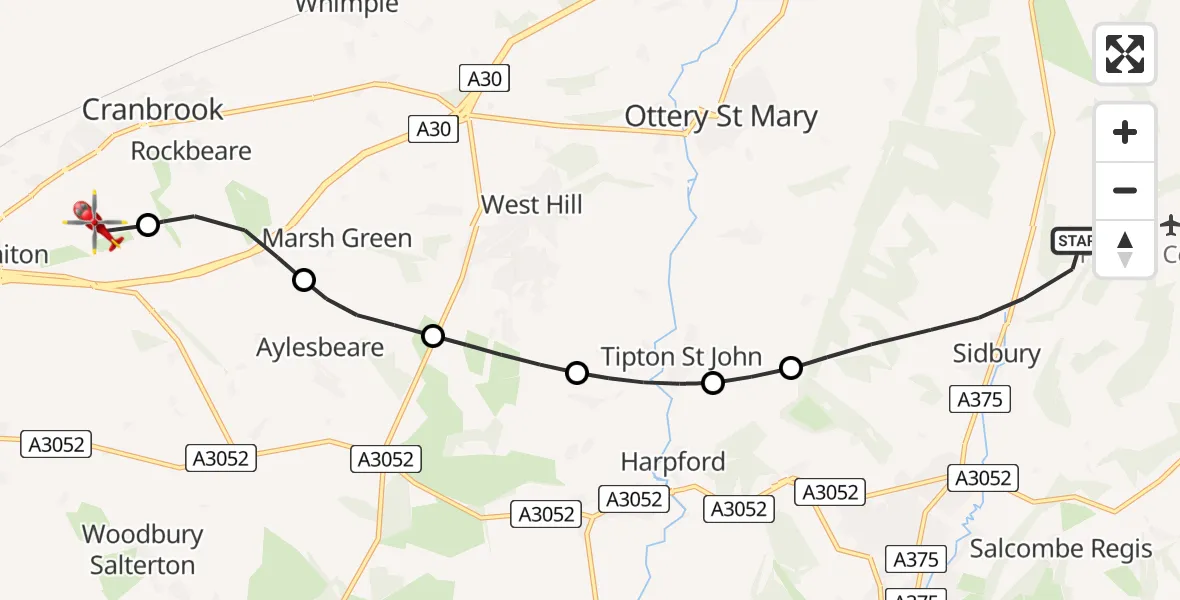 Flight route Air Ambulance Helicopter Sidmouth - Exeter International Airport, 19 July 2026, 11:54