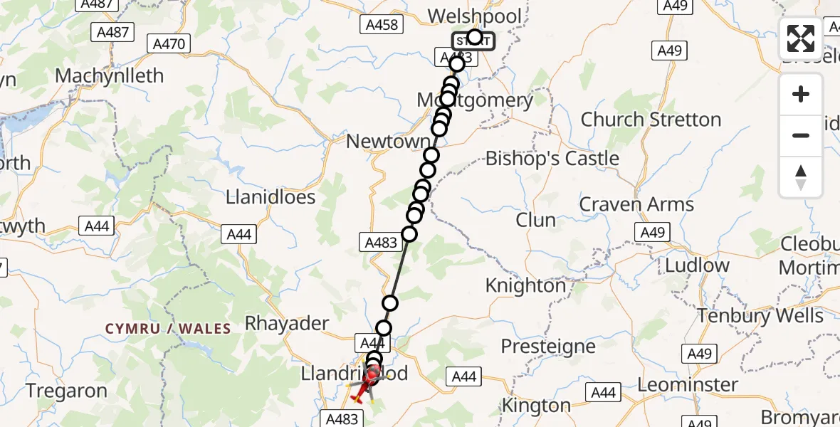 Flight route Air Ambulance Helicopter Welshpool Airport - Llandrindod, 19 July 2026, 11:58