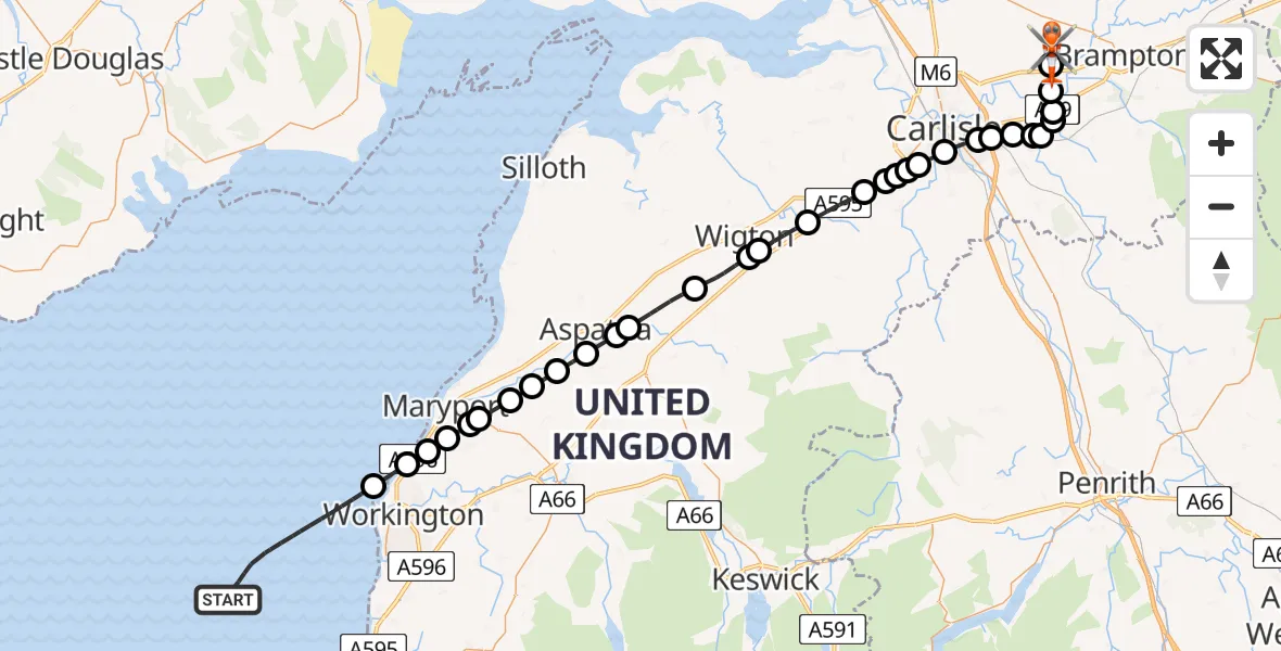 Flight route Coastguard Helicopter Irish Sea - Carlisle Lake District Airport, 19 July 2026, 11:58