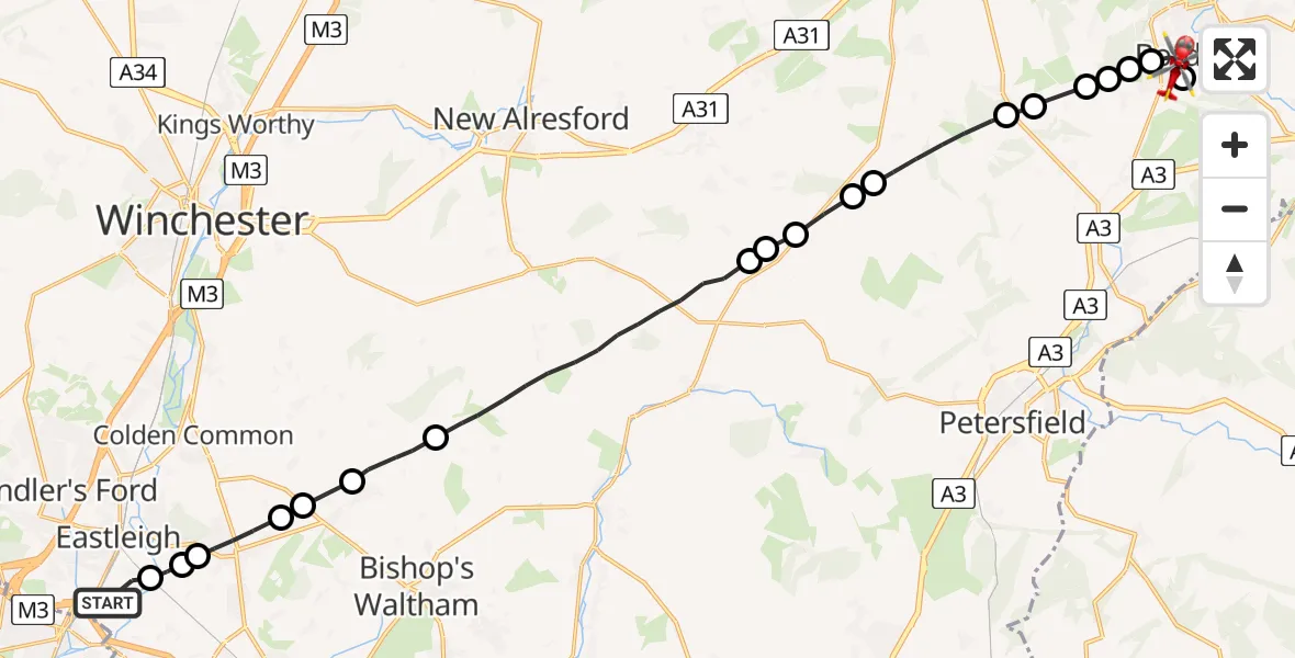 Flight route Air Ambulance Helicopter Southampton Airport - Hollywater, 19 July 2026, 11:59