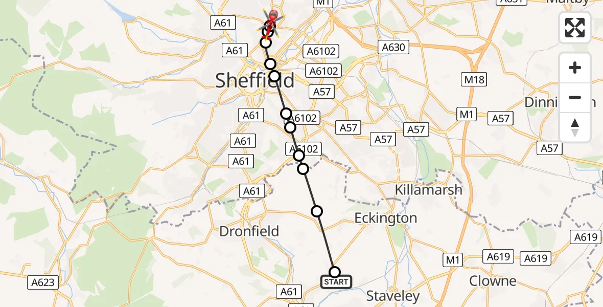 Flight route Air Ambulance Helicopter Chesterfield - Sheffield Northern Hospital, 19 July 2026, 12:07