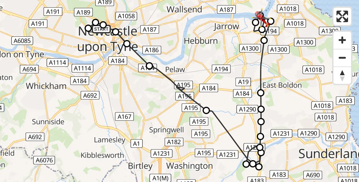 Flight route Air Ambulance Helicopter Newcastle Royal Victoria Infirmary - South Shields, 19 July 2026, 12:10