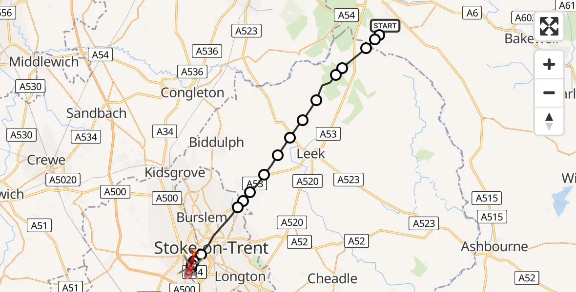 Flight route Air Ambulance Helicopter Harpur Hill - Stoke, 19 July 2026, 12:12