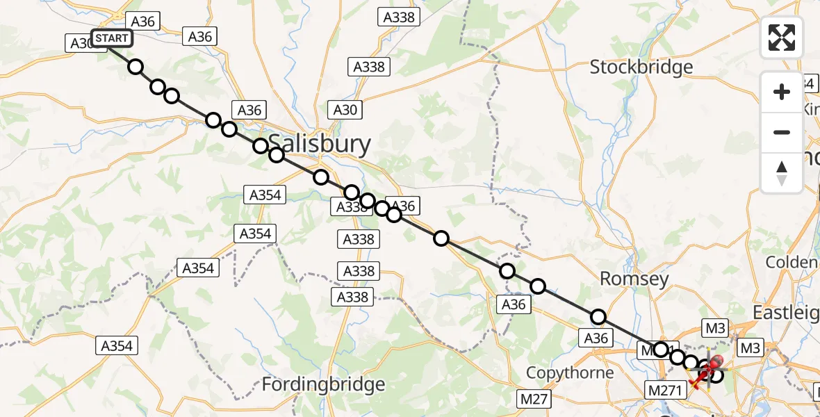 Flight route Air Ambulance Helicopter Wylye - University Hospital Southampton, 19 July 2026, 12:19