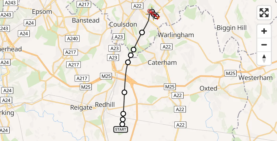 Flight route Air Ambulance Helicopter Redhill Aerodrome - Sanderstead, 19 July 2026, 12:31
