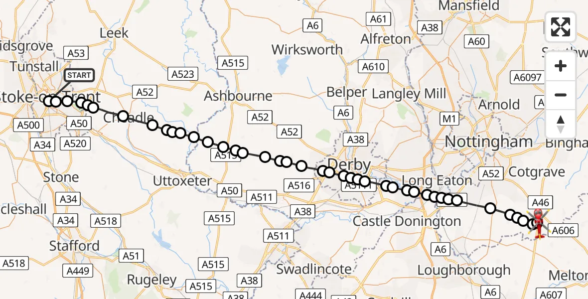 Flight route Air Ambulance Helicopter Bagnall - Nottingham Heliport, 19 July 2026, 12:42