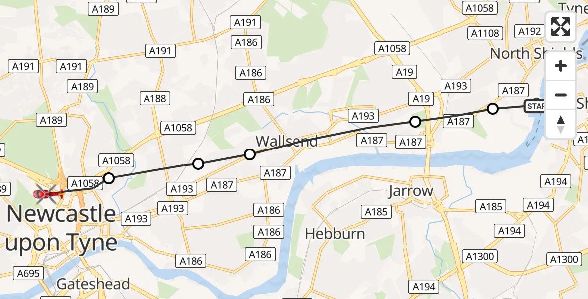 Flight route Air Ambulance Helicopter North Shields - Newcastle Royal Victoria Infirmary, 19 July 2026, 12:45