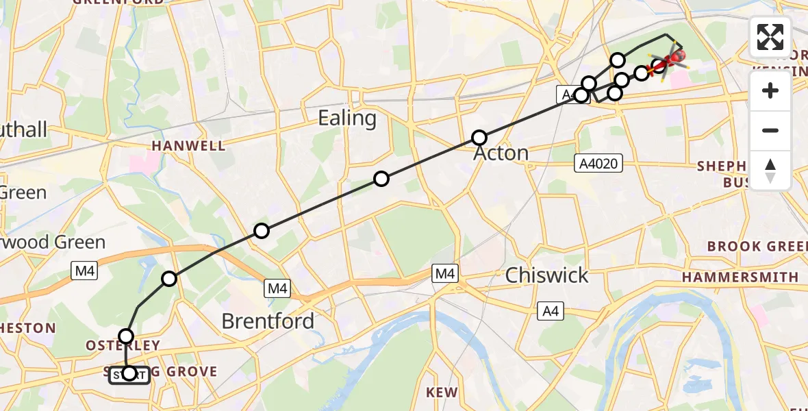Flight route Air Ambulance Helicopter Osterley - North Pole Train Maintenance Centre, 19 July 2026, 12:47