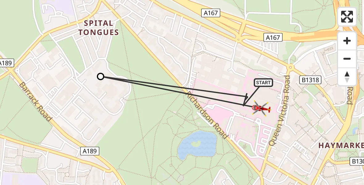 Flight route Air Ambulance Helicopter Newcastle Royal Victoria Infirmary - Newcastle Royal Victoria Infirmary, 19 July 2026, 12:50