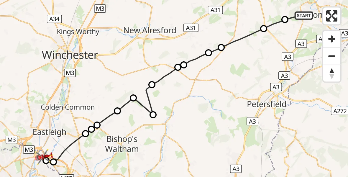 Flight route Air Ambulance Helicopter Bordon - Mansbridge, 19 July 2026, 12:53