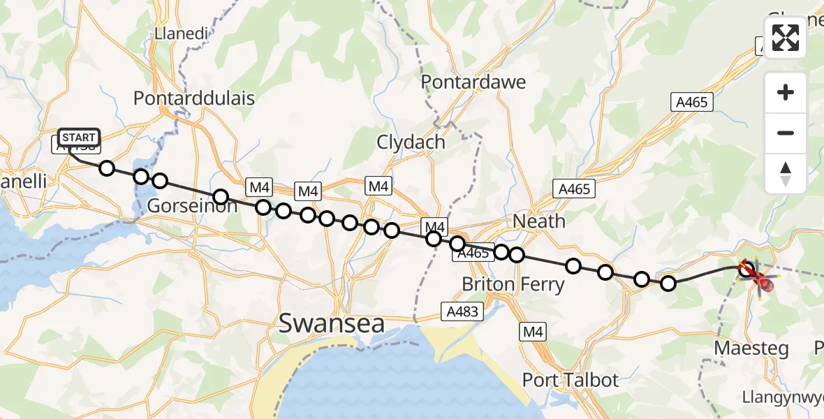 Flight route Air Ambulance Helicopter Dafen - Caerau, 19 July 2026, 12:56