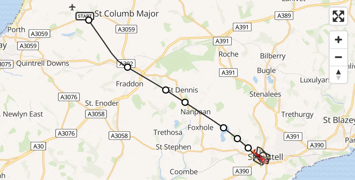 Flight route Air Ambulance Helicopter Cornwall Airport Newquay - St. Austell, 19 July 2026, 12:58