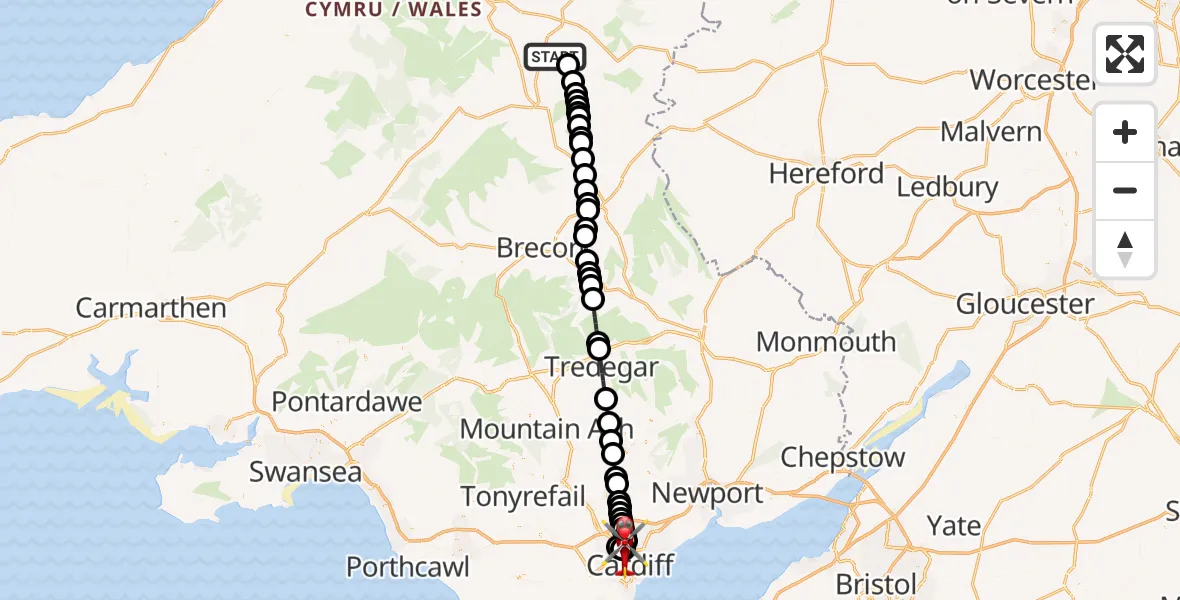 Flight route Air Ambulance Helicopter Llandrindod - Gabalfa, 19 July 2026, 13:09