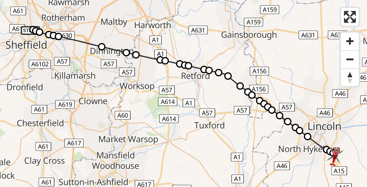 Flight route Air Ambulance Helicopter Sheffield Northern Hospital - North Kesteven, 19 July 2026, 13:14