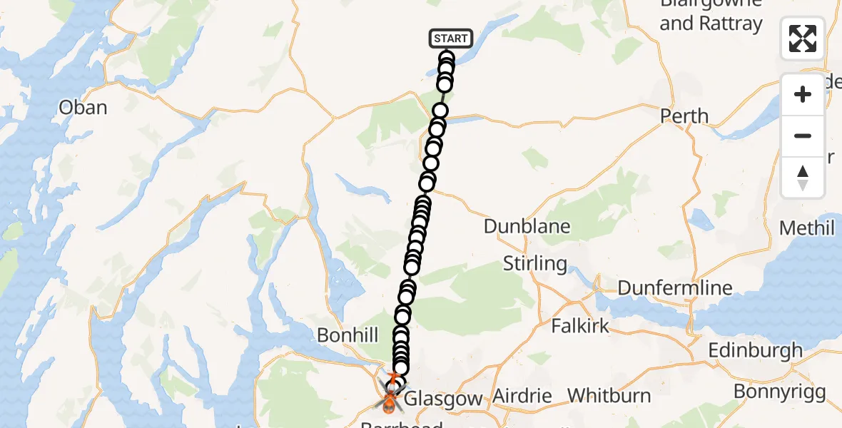 Flight route Coastguard Helicopter Perth and Kinross - Glasgow Airport, 19 July 2026, 13:14