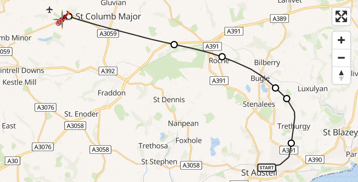 Flight route Air Ambulance Helicopter St. Austell - Cornwall Airport Newquay, 19 July 2026, 13:16