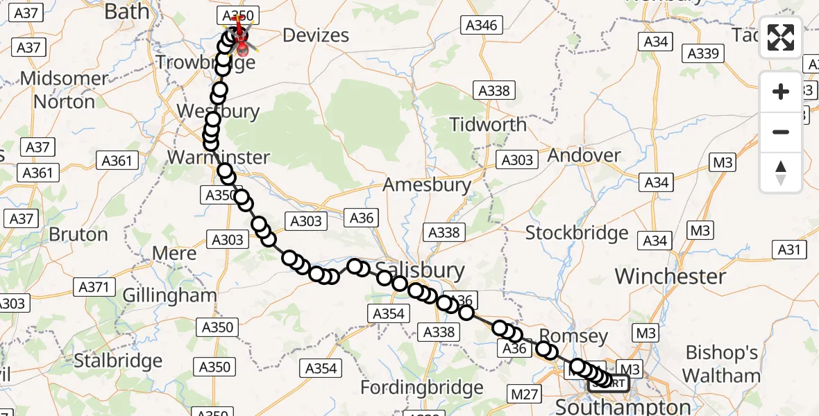 Flight route Air Ambulance Helicopter University Hospital Southampton - Wiltshire Air Ambulance, 19 July 2026, 13:18