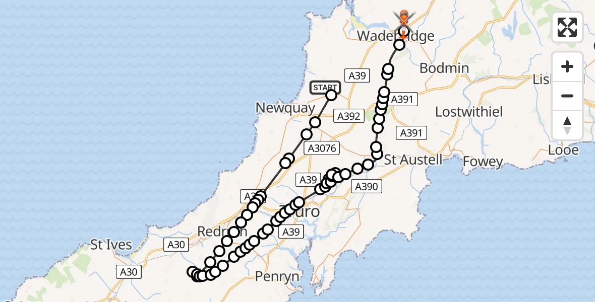Flight route Coastguard Helicopter Cornwall Airport Newquay - Bodieve, 19 July 2026, 13:21