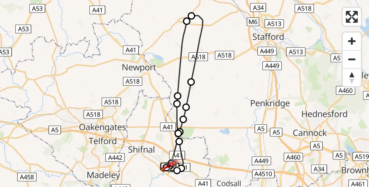 Flight route Air Ambulance Helicopter RAF Cosford - Cosford, 19 July 2026, 13:25