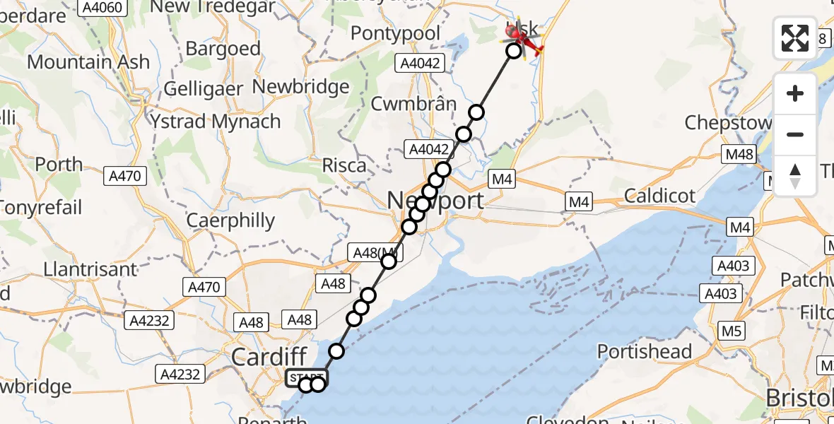 Flight route Air Ambulance Helicopter Cardiff Heliport - Usk, 19 July 2026, 13:25