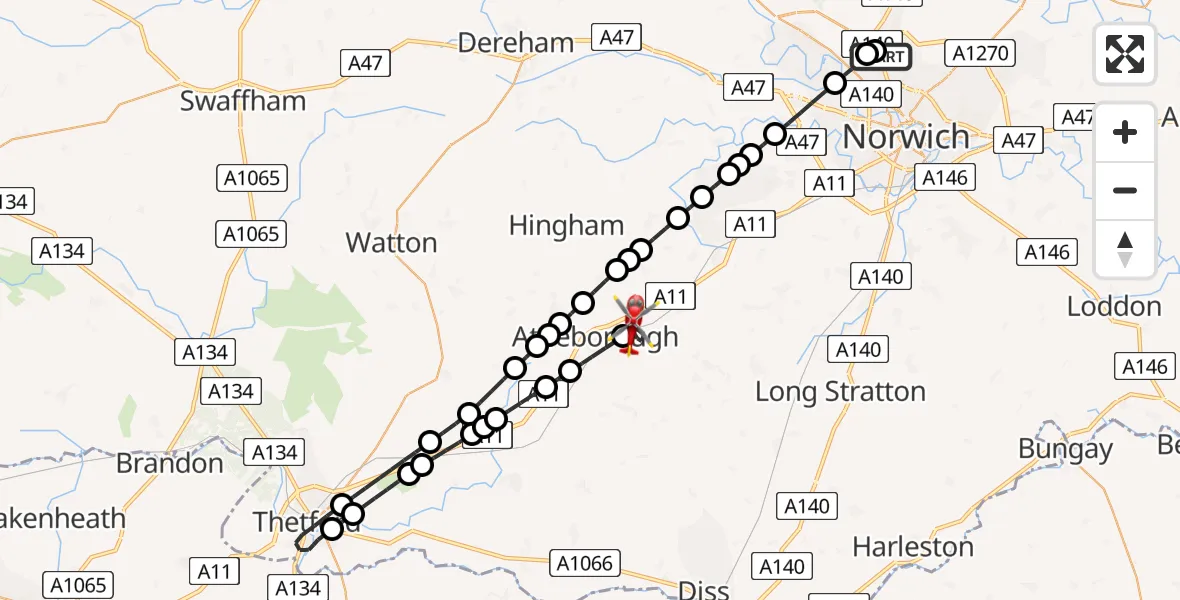 Flight route Air Ambulance Helicopter Norwich Airport - Besthorpe, 19 July 2026, 13:31