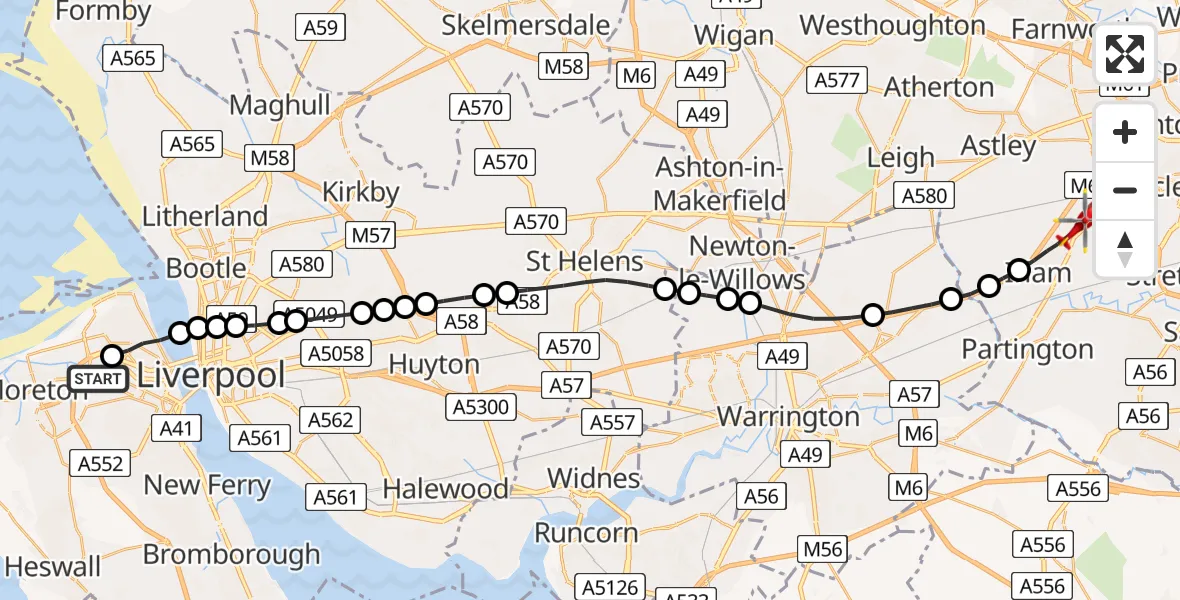 Flight route Air Ambulance Helicopter Bidston Hill - Manchester Barton Aerodrome, 19 July 2026, 13:32