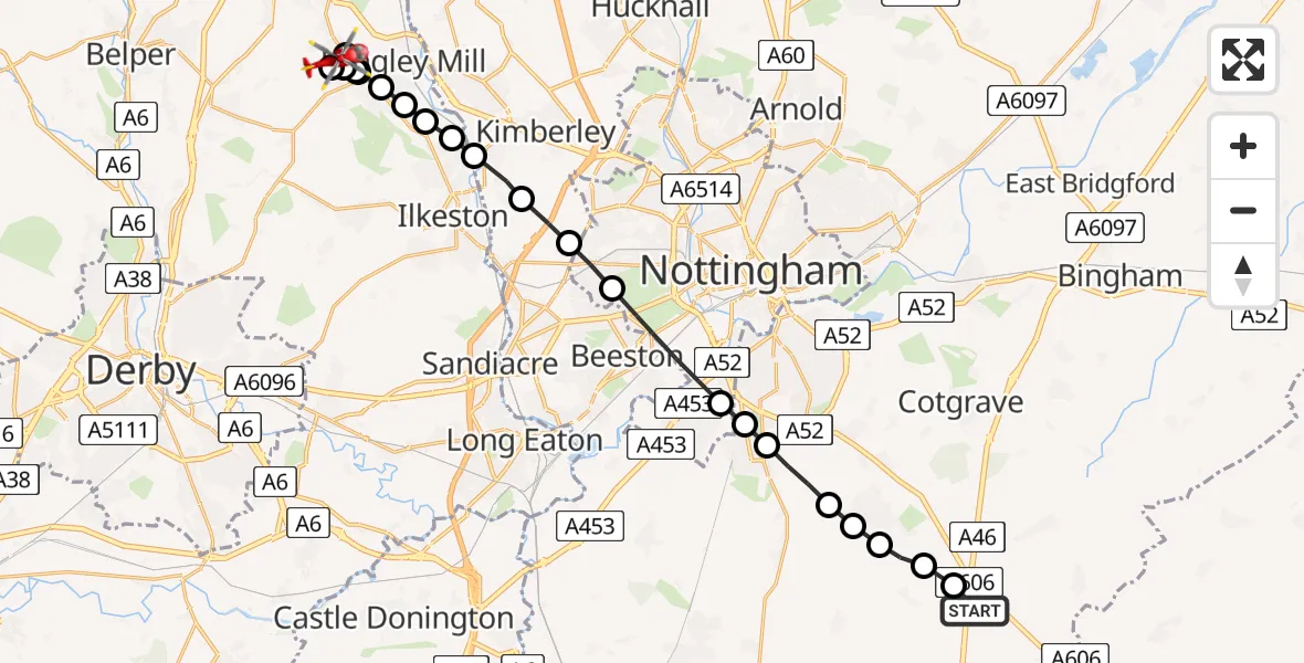 Flight route Air Ambulance Helicopter Rushcliffe - Loscoe, 19 July 2026, 13:41