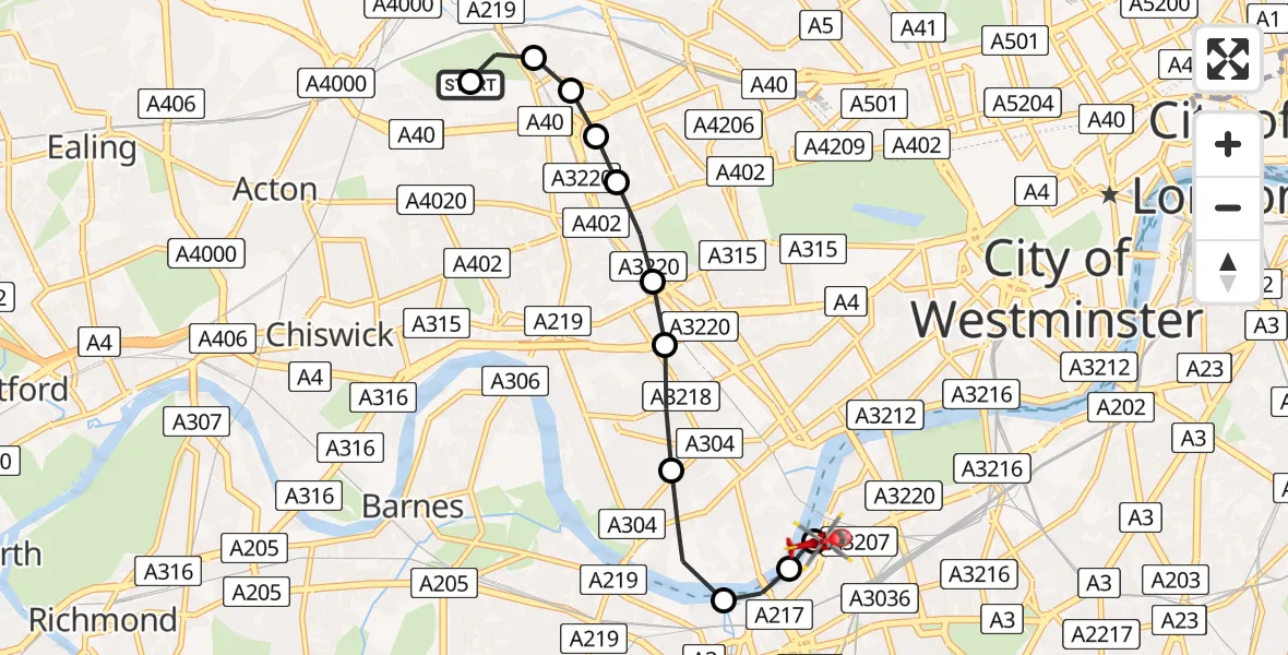 Flight route Air Ambulance Helicopter Shepherd's Bush - London Heliport, 19 July 2026, 13:42