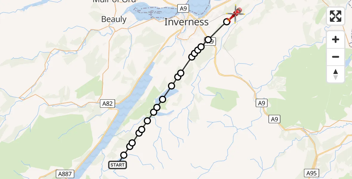 Flight route Air Ambulance Helicopter Loch Mhòr - Newlands of Culloden, 19 July 2026, 13:49