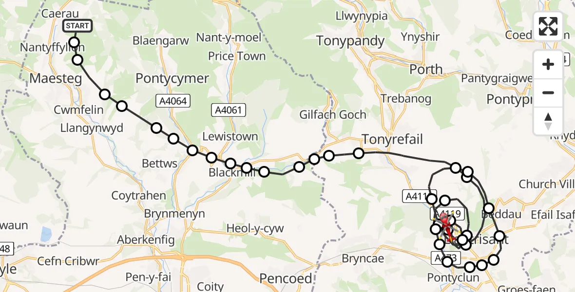 Flight route Air Ambulance Helicopter Caerau - Llantrisant, 19 July 2026, 13:49