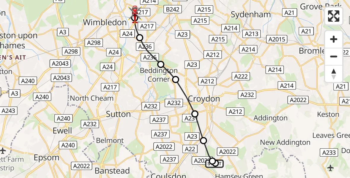 Flight route Air Ambulance Helicopter Kenley - St Georges Hospital, 19 July 2026, 13:50