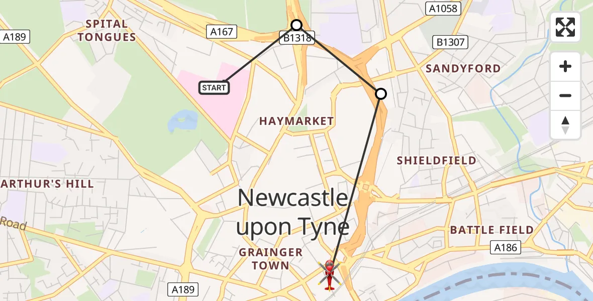 Flight route Air Ambulance Helicopter Newcastle Royal Victoria Infirmary - Shieldfield, 19 July 2026, 13:49