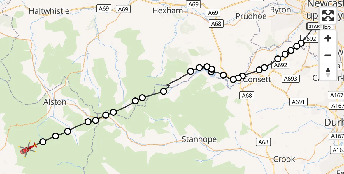 Flight route Air Ambulance Helicopter Whickham - Ousby, 19 July 2026, 13:55
