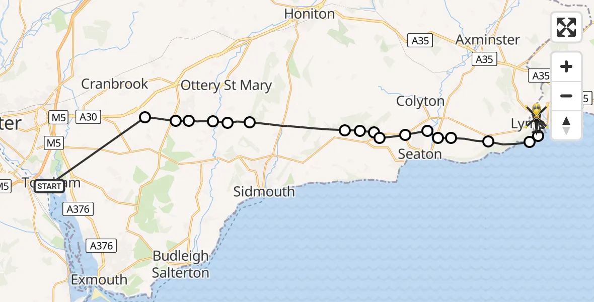 Flight route Police Helicopter Topsham - Uplyme, 19 July 2026, 13:55