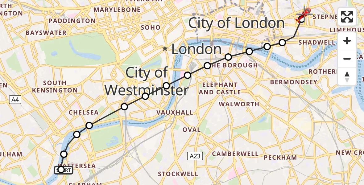 Flight route Air Ambulance Helicopter London Heliport - Royal London Hospital, 19 July 2026, 14:01