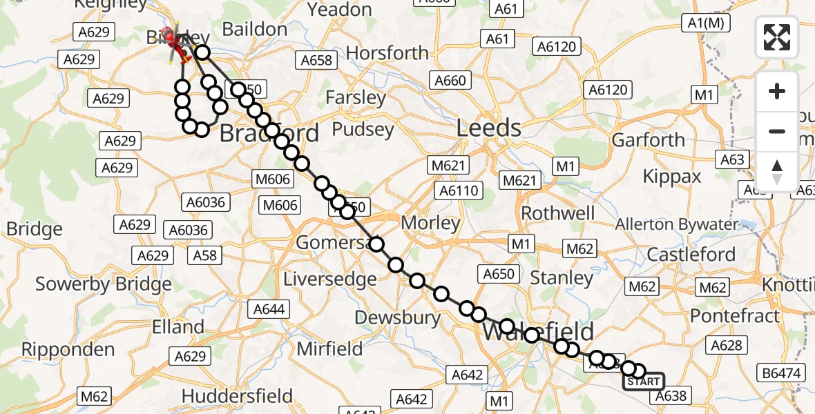Flight route Air Ambulance Helicopter YAA Nostell Helicopter Port - Bingley, 19 July 2026, 14:02