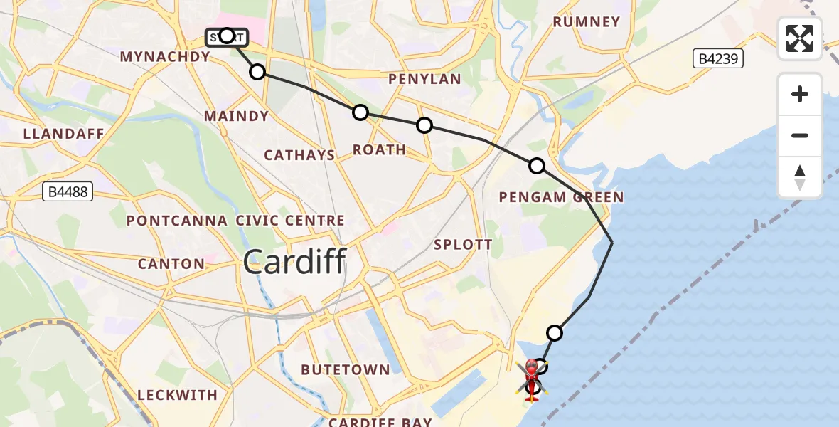 Flight route Air Ambulance Helicopter Birchgrove - Cardiff Heliport, 19 July 2026, 14:04