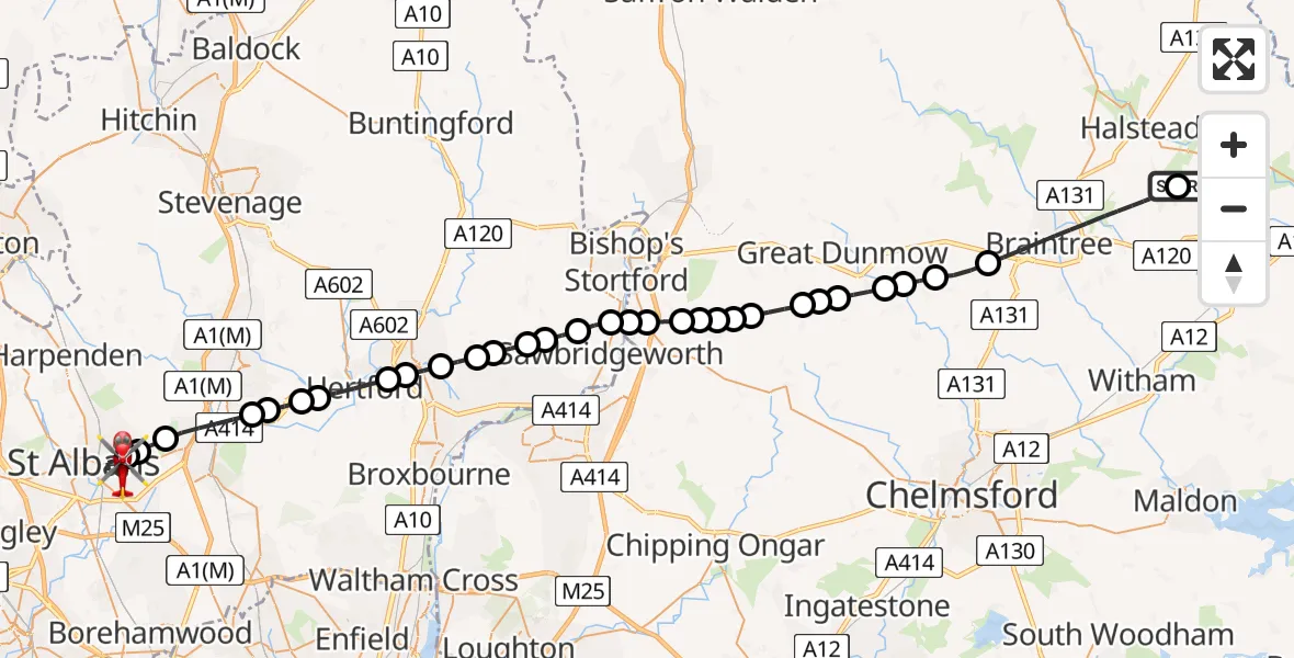 Flight route Air Ambulance Helicopter Earls Colne Airfield - St Albans, 19 July 2026, 14:10