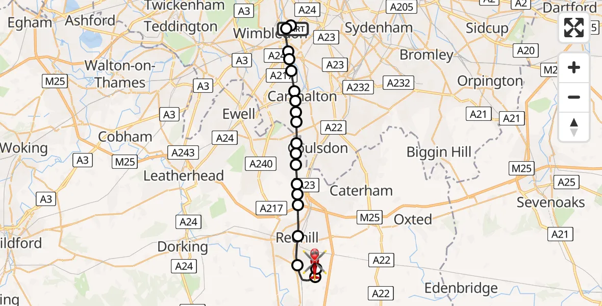 Flight route Air Ambulance Helicopter St Georges Hospital - Redhill Aerodrome, 19 July 2026, 14:11
