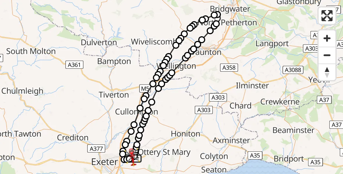 Flight route Air Ambulance Helicopter Exeter International Airport - Exeter International Airport, 19 July 2026, 14:16
