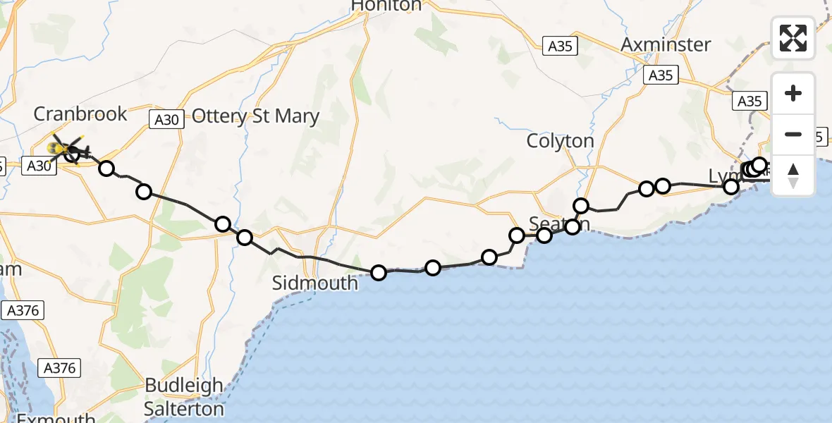 Flight route Police Helicopter Lyme Regis - Exeter International Airport, 19 July 2026, 14:17