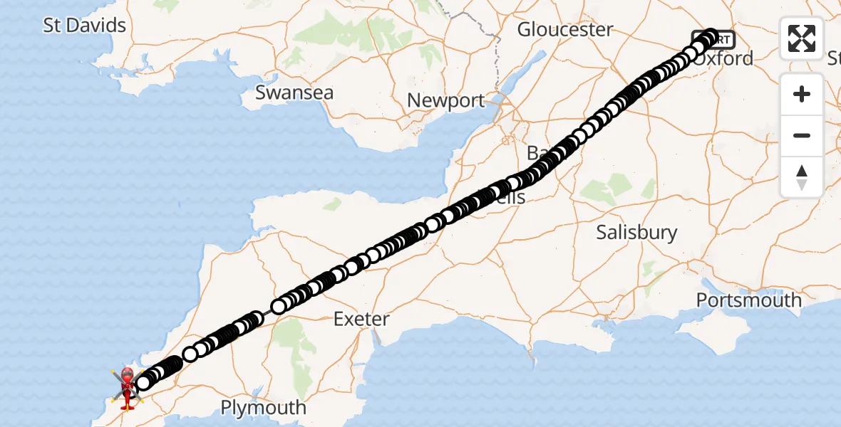 Flight route Air Ambulance Helicopter London Oxford Airport - Cornwall Airport Newquay, 19 July 2026, 14:26