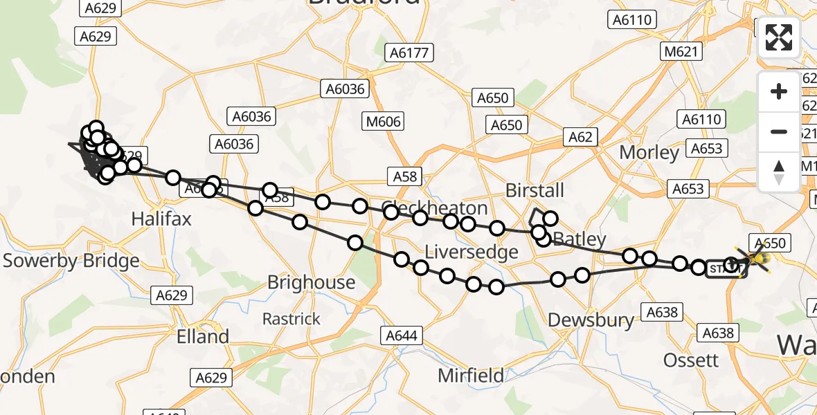 Flight route Police Helicopter Woodkirk - East Ardsley, 19 July 2026, 14:37