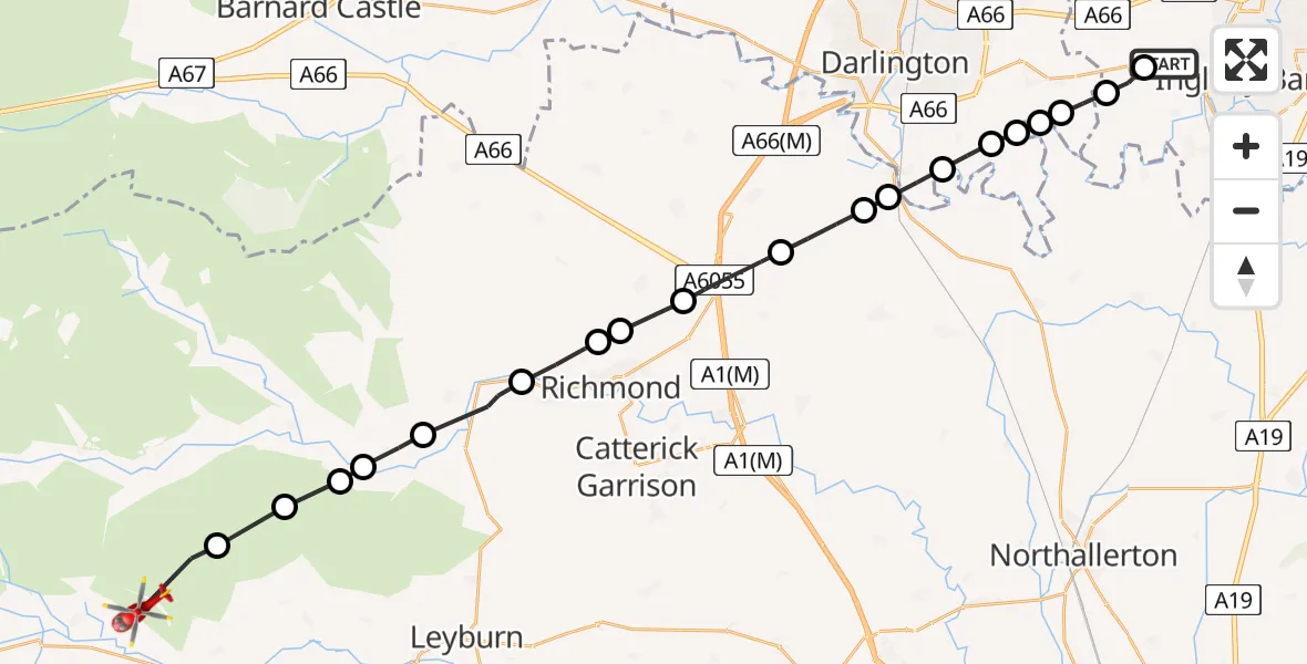 Flight route Air Ambulance Helicopter Egglescliffe - Carperby-cum-Thoresby, 19 July 2026, 14:38